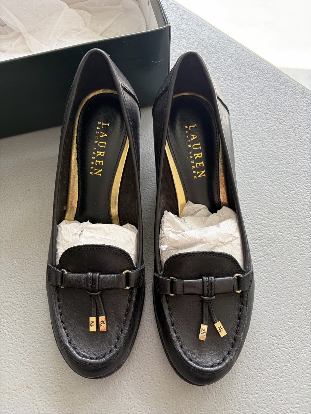 Lauren Ralph Lauren Black Leather Tassel Penny Loafers with Gold Accents
